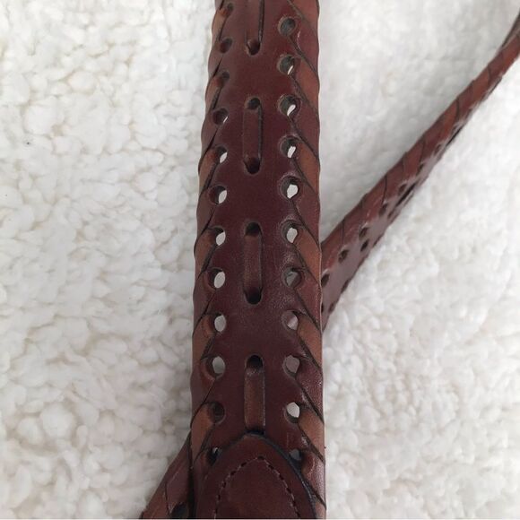 Brown Leather Brass Buckle Perforated Weave Belt - Picture 7 of 9